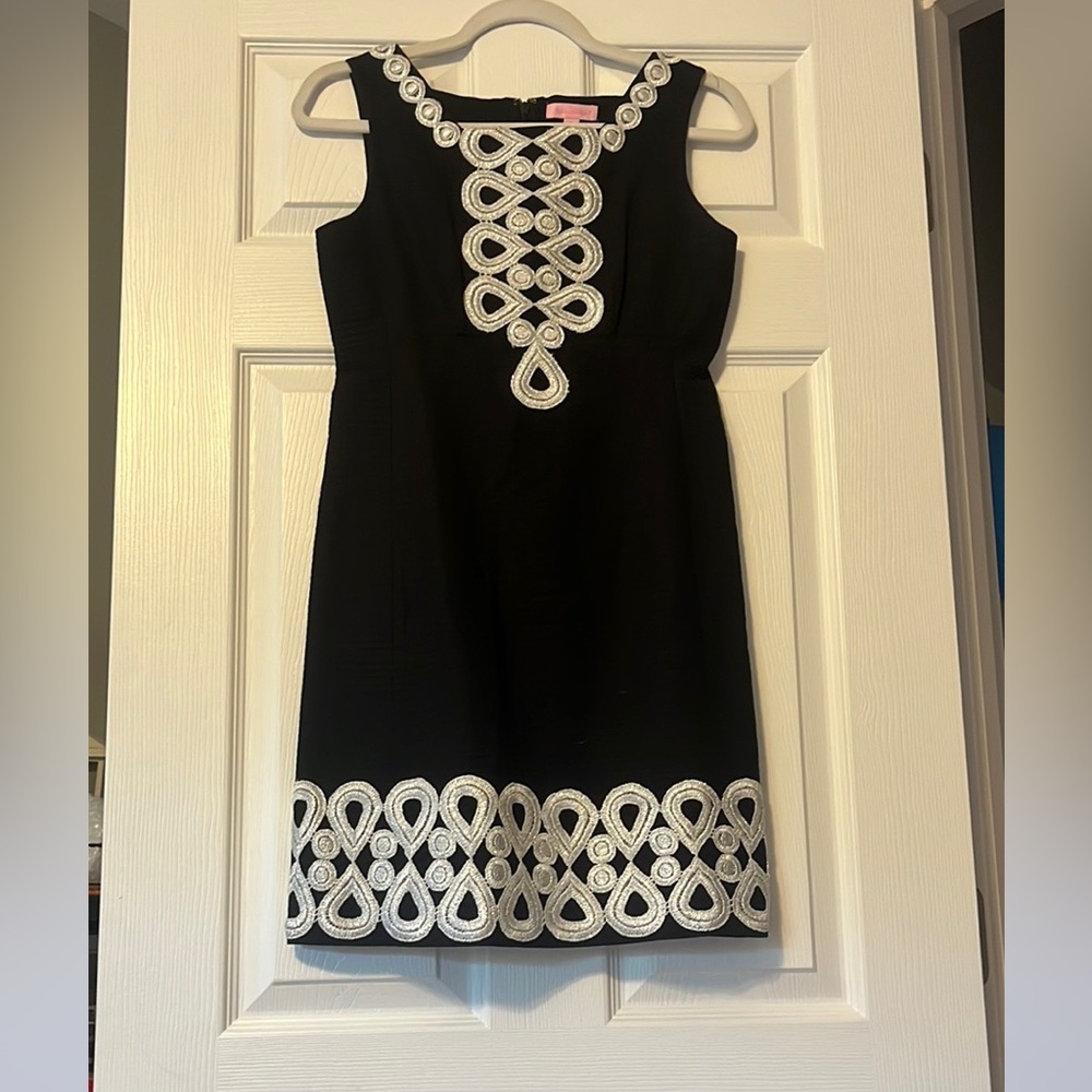 Lilly Pulitzer Tailored Silver Glitter Embroidery Black Linen Dress size 0